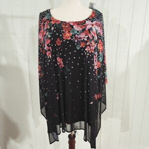 Catherines Poncho Style Top 4X Black Dots Floral Mesh Overlay Layered Flowy NWT
